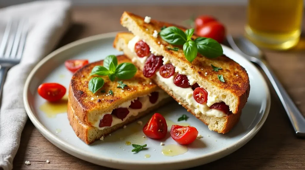 Golden-brown Sun-Dried Tomato and Feta Stuffed French Toast on a plate, garnished with fresh basil and olive oil drizzle.