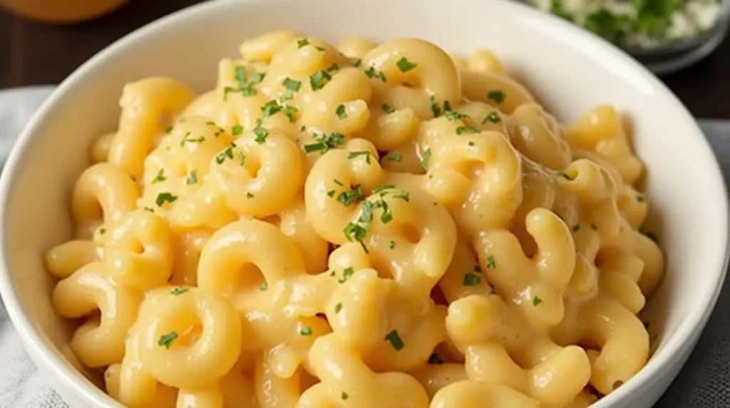 A bowl of creamy macaroni and cheese with golden brown breadcrumbs on a white plate.
