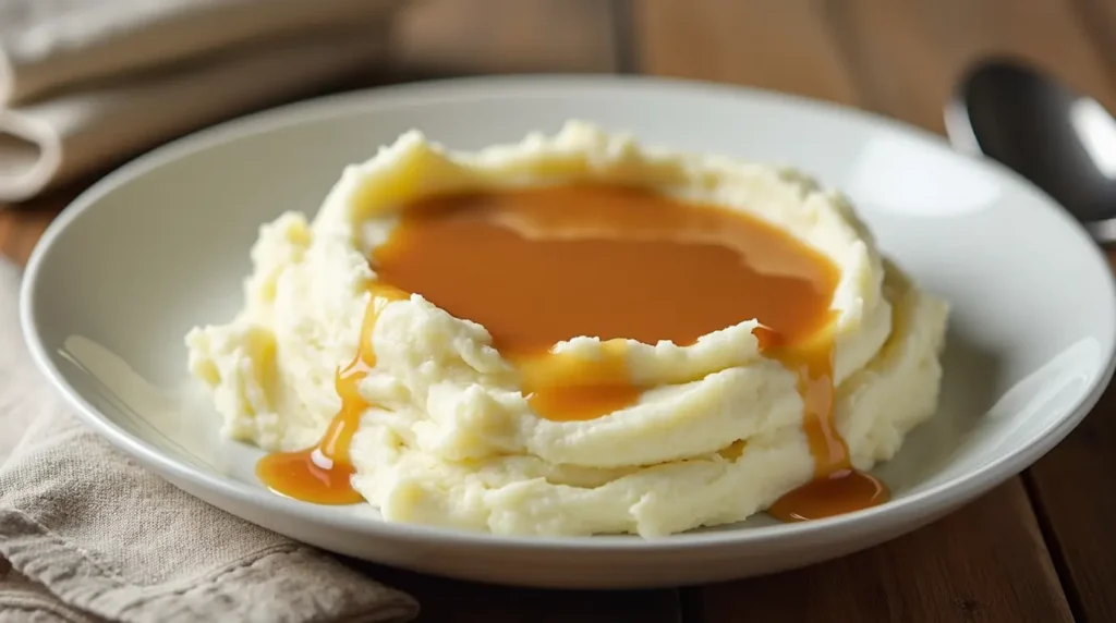 A plate of creamy mashed potatoes topped with golden-brown gravy.