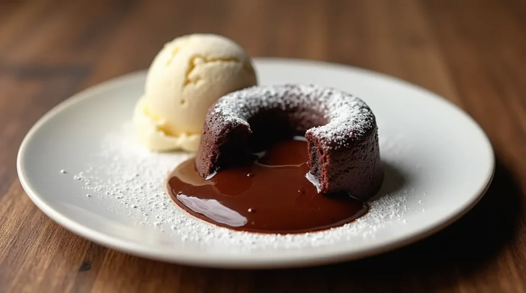 A chocolate lava cake with molten chocolate oozing out, served with vanilla ice cream.