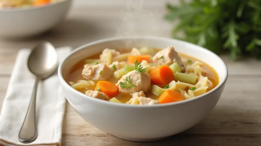 A bowl of chicken noodle soup with chicken, carrots, celery, and egg noodles in a golden broth.