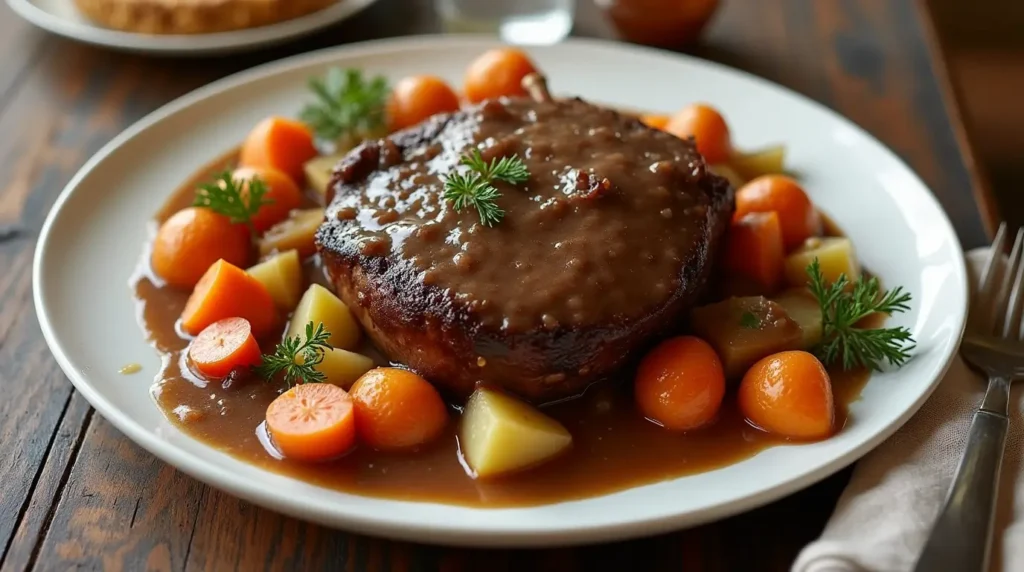 A savory beef pot roast with carrots, potatoes, and celery, topped with rich brown gravy.