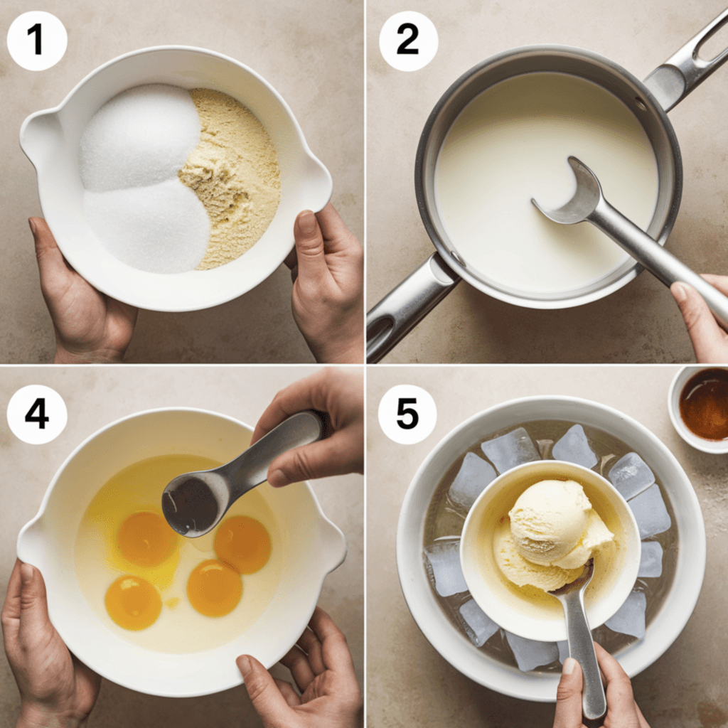 A creamy bowl of vanilla ice cream with a sprig of mint and a vanilla bean garnish.