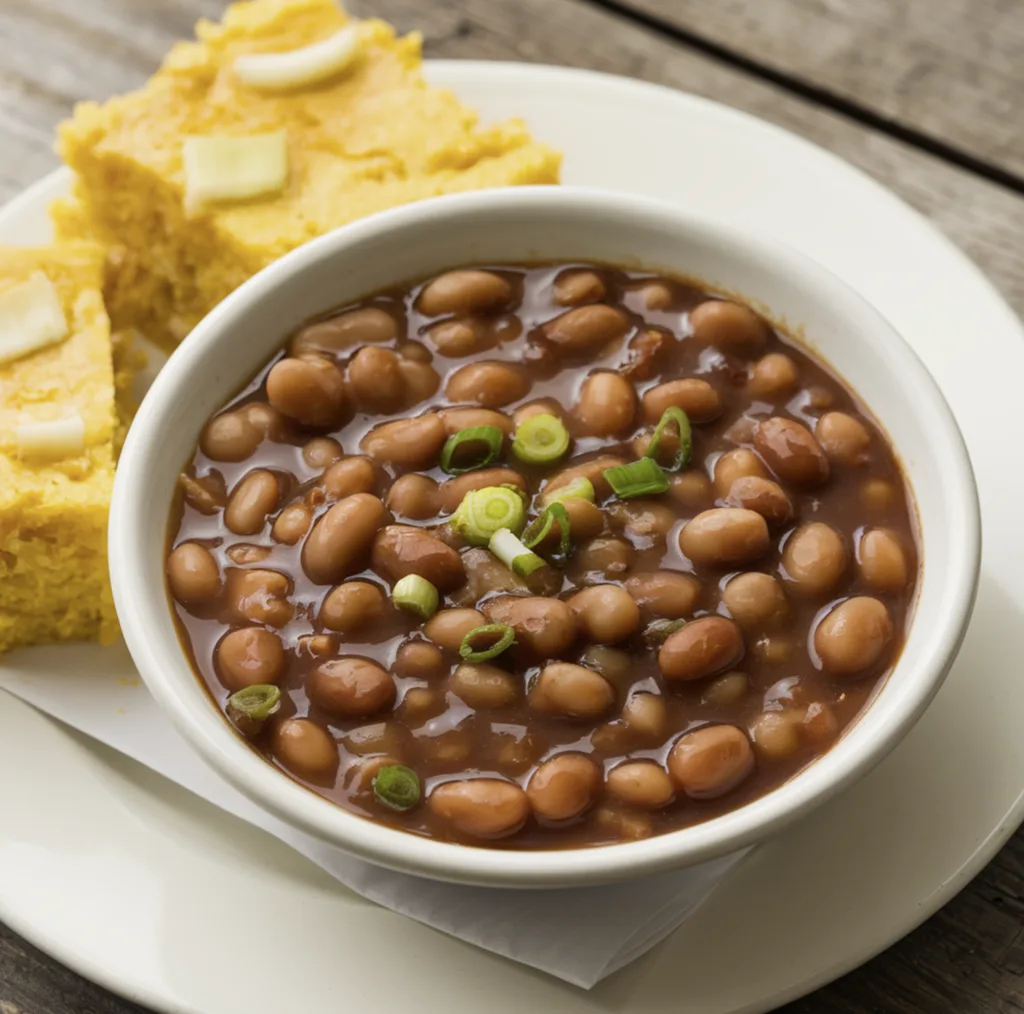 A delicious plate of baked beans garnished with fresh parsley, served with crusty bread.