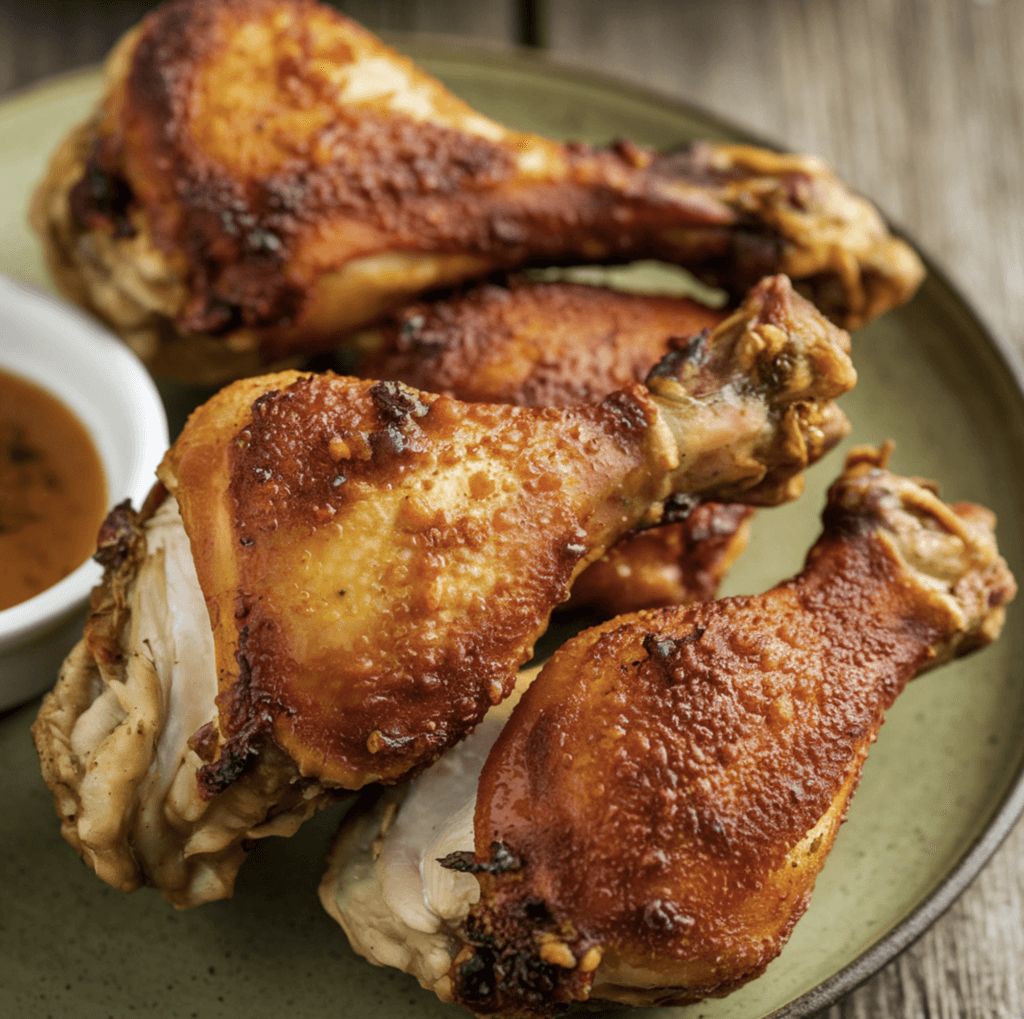 Air fryer chicken legs served on a plate with crispy golden skin and a side of fresh vegetables.