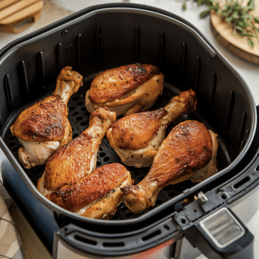 Air fryer chicken legs served on a plate with crispy golden skin and a side of fresh vegetables.