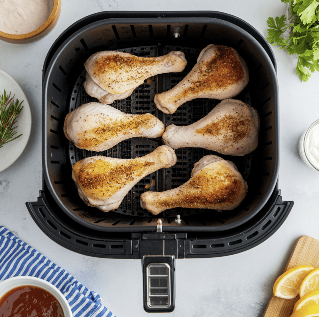 Air fryer chicken legs served on a plate with crispy golden skin and a side of fresh vegetables.