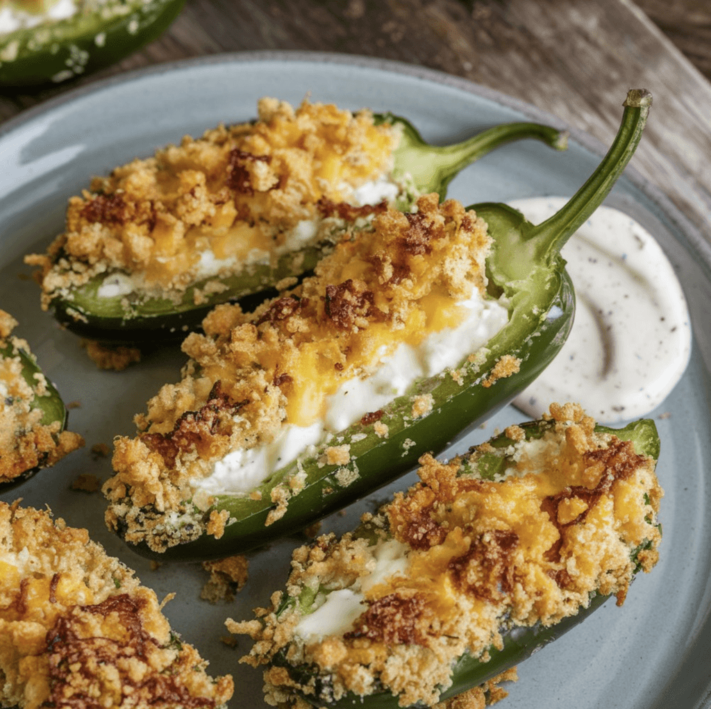 A platter of golden, crispy jalapeño poppers stuffed with cream cheese, bacon, and spices, served with dipping sauces.