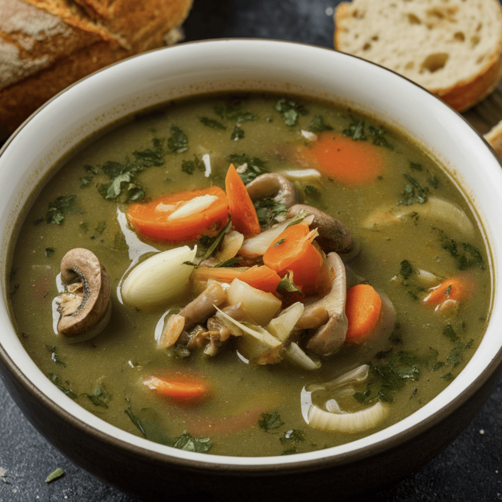 A steaming bowl of swamp soup with vibrant greens, smoky sausage, and colorful vegetables, garnished with parsley.
