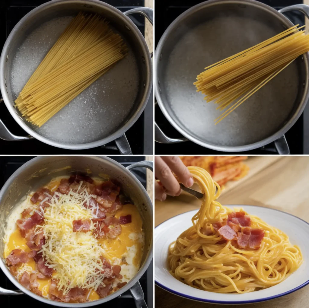 A simple kitchen scene showing key steps in making Spaghetti Carbonara: sizzling guanciale in a pan, egg yolks with Pecorino Romano cheese in a bowl, and freshly cooked spaghetti