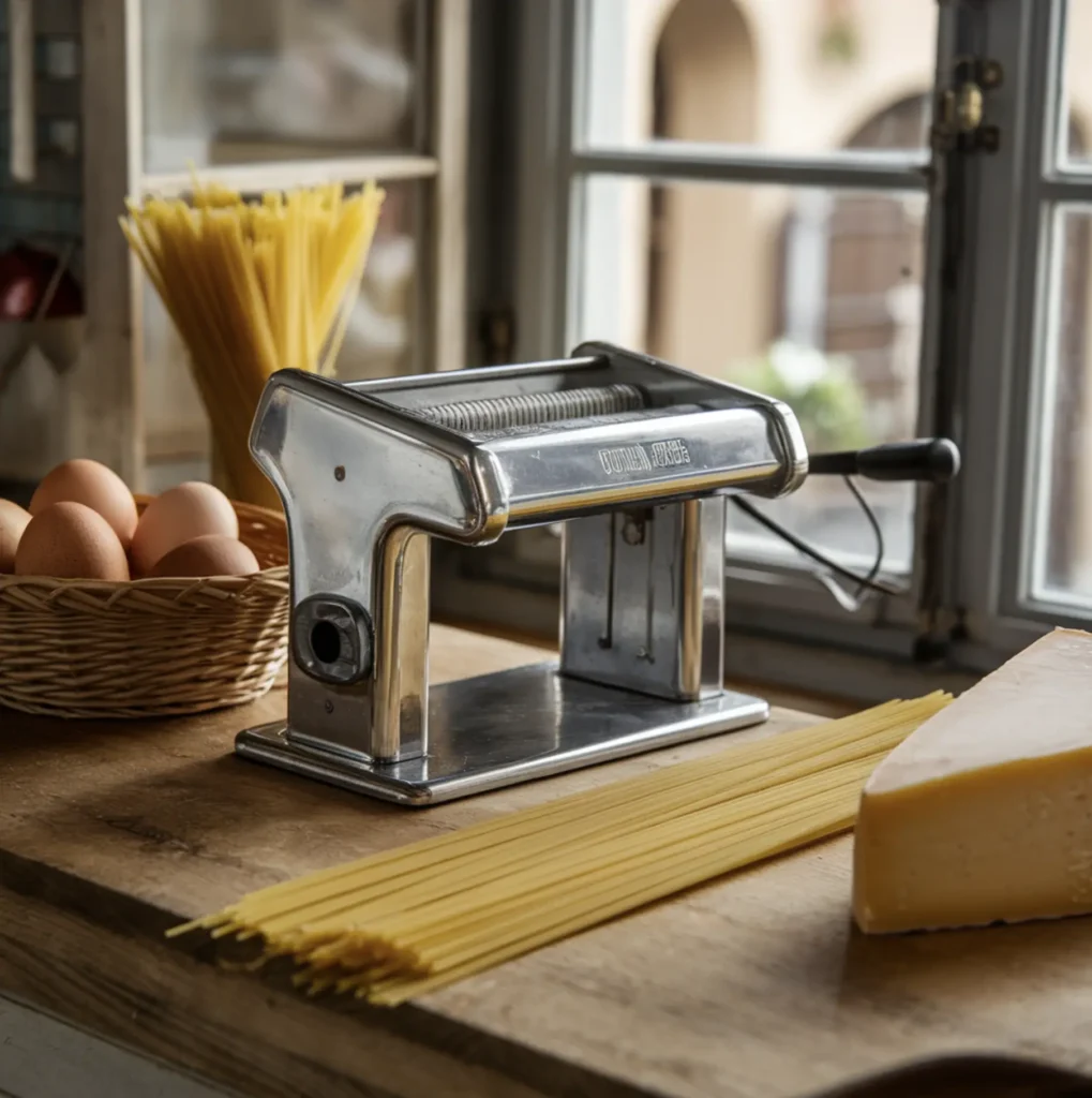 A rustic Italian kitchen featuring classic pasta-making tools and carbonara ingredients.