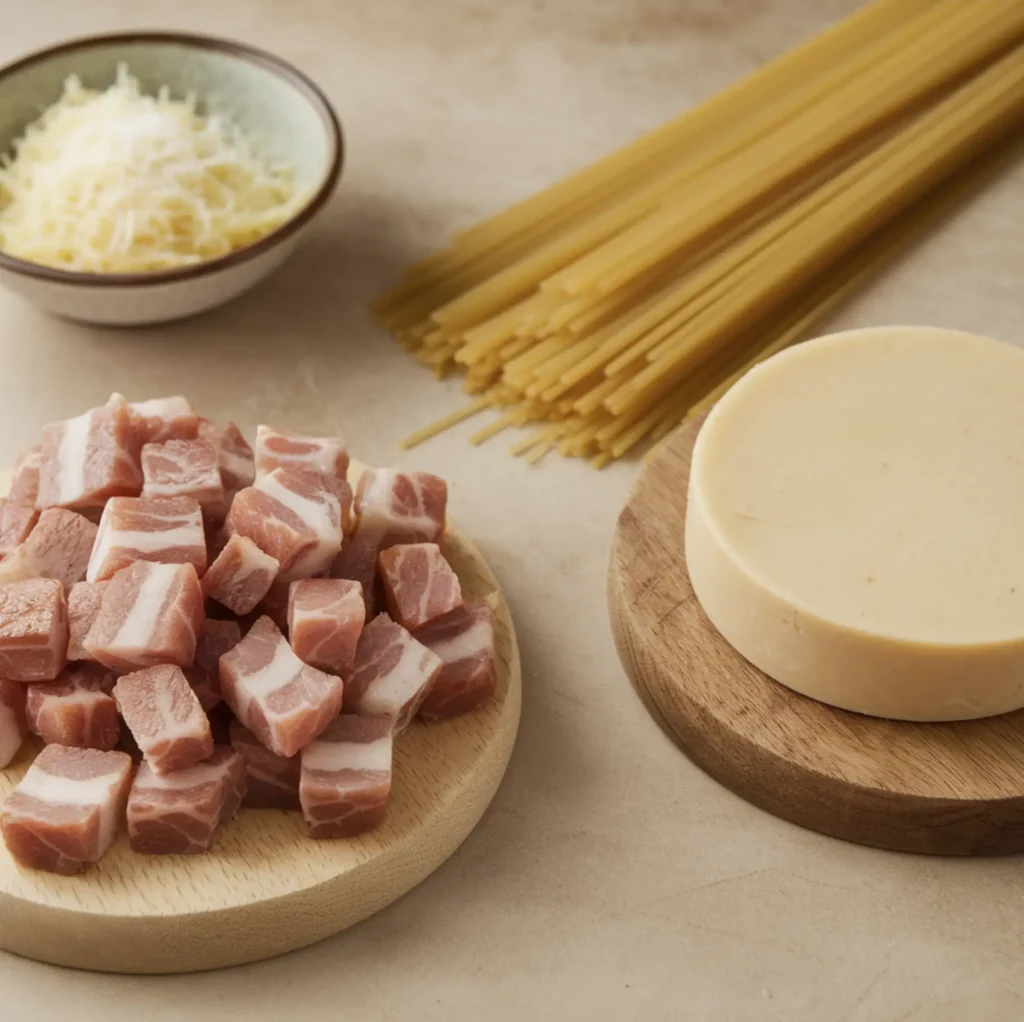 A comparison of two halal protein alternatives for carbonara, displayed on wooden boards.
