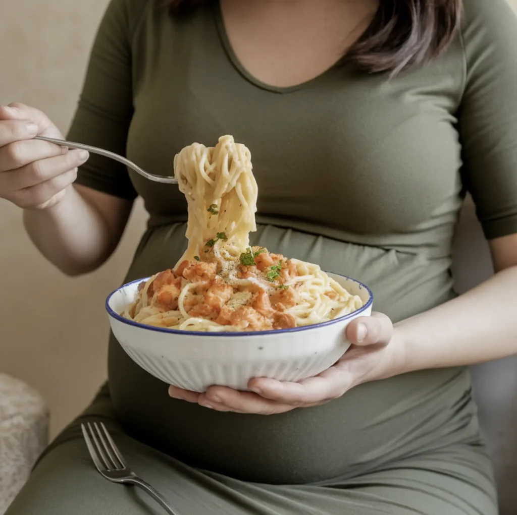 A pregnant woman in a cozy kitchen lifting a forkful of creamy spaghetti carbonara from a plate, with fresh ingredients like eggs, cheese, and vegetables displayed on the table.