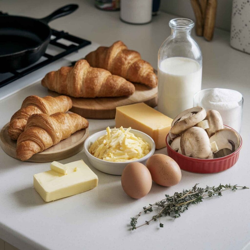 A golden, baked Mushroom and Gruyère Croissant Breakfast Casserole served in a white dish with crispy edges and melty cheese.