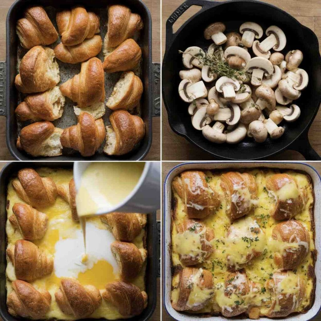 A golden, baked Mushroom and Gruyère Croissant Breakfast Casserole served in a white dish with crispy edges and melty cheese.
