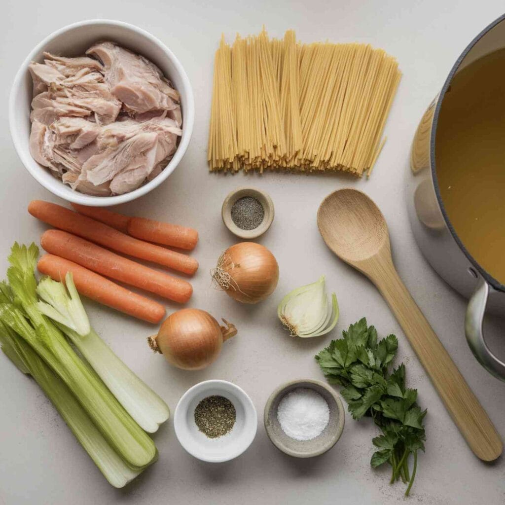 A hearty bowl of classic chicken noodle soup with chunks of chicken, egg noodles, and vegetables in a rich broth garnished with parsley.