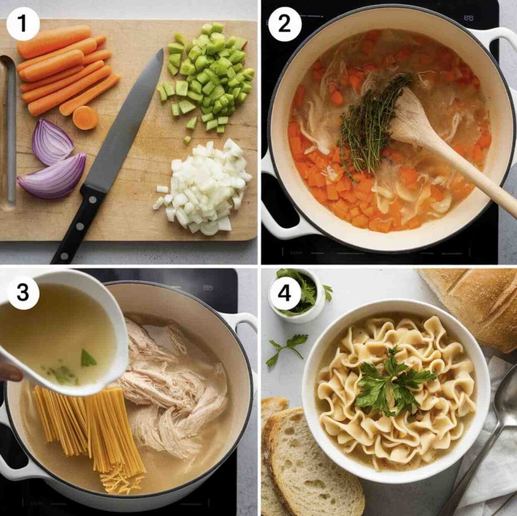 A hearty bowl of classic chicken noodle soup with chunks of chicken, egg noodles, and vegetables in a rich broth garnished with parsley.