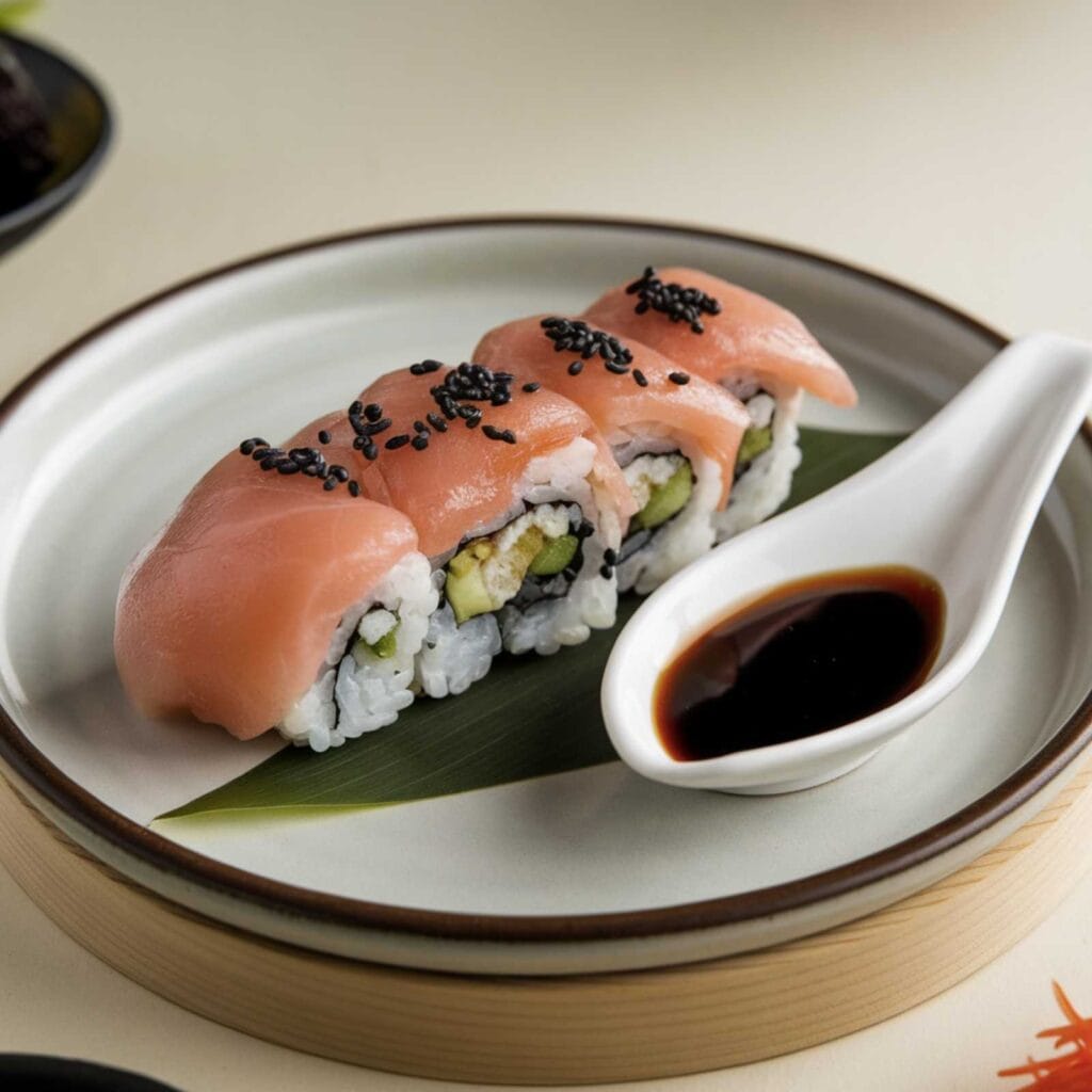 A photo of a sushi roll with masago on a plate. 