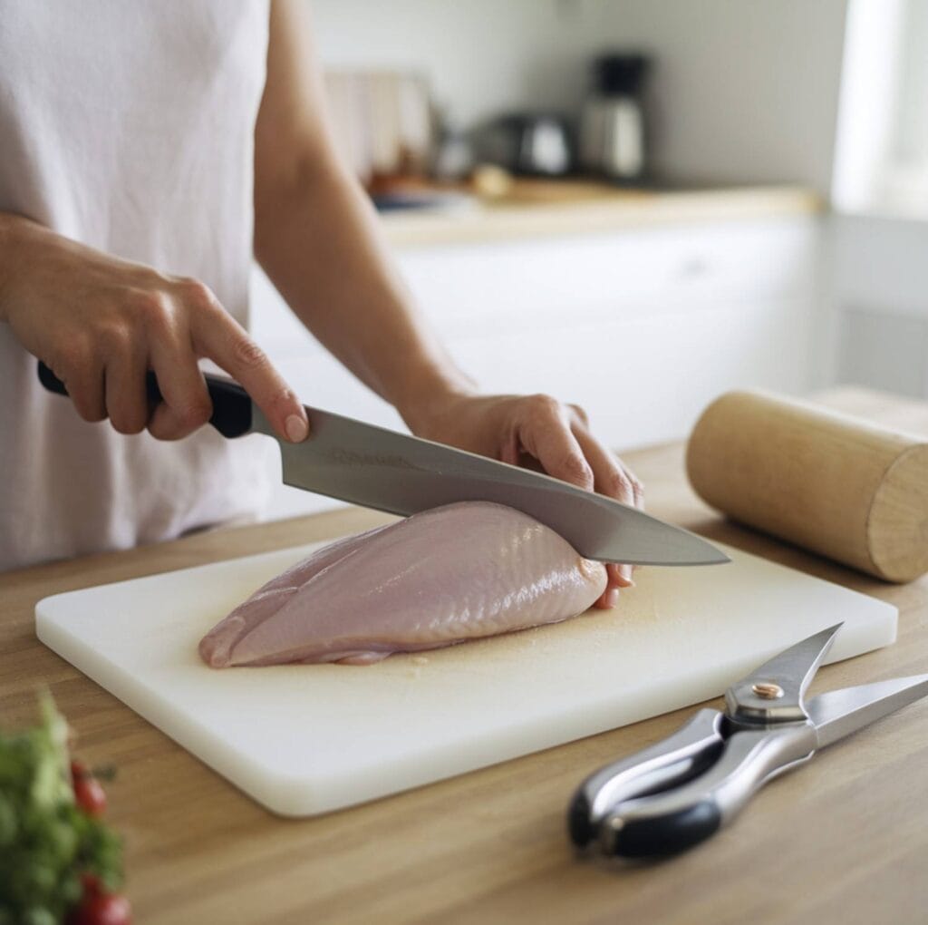 A real kitchen setting with a woman slicing a chicken breas