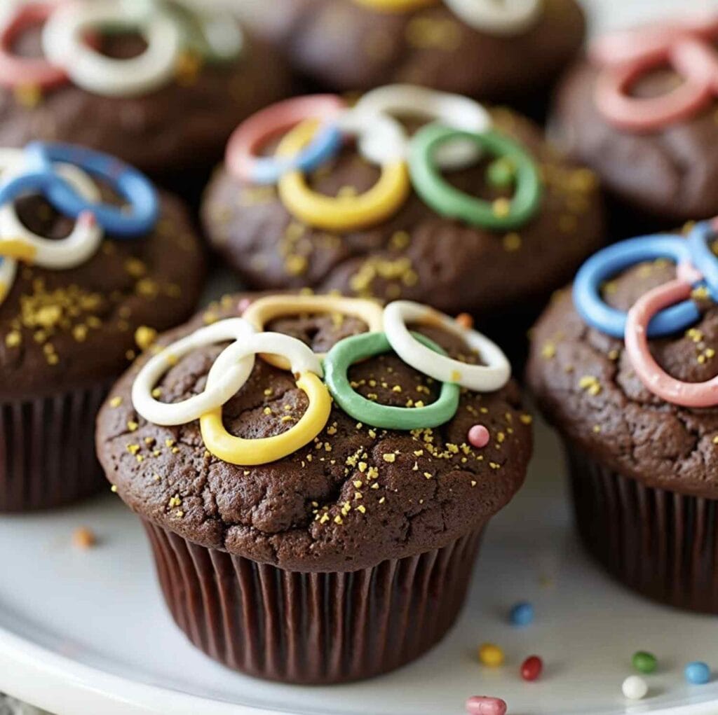 An Olympic-inspired chocolate muffin topped with decorations symbolizing the Olympic rings.