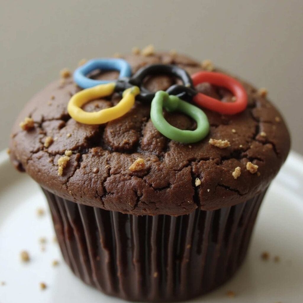 An Olympic-inspired chocolate muffin topped with decorations symbolizing the Olympic rings.