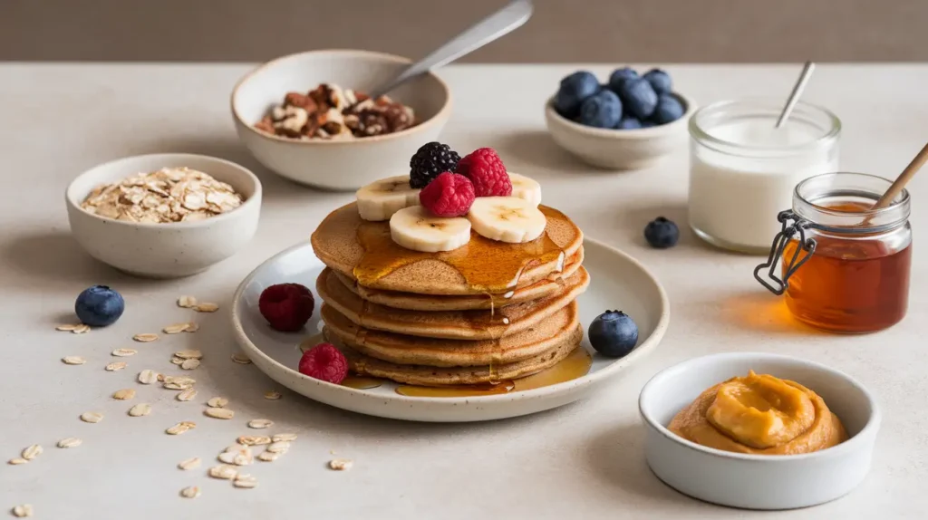 A stack of whole-grain pancakes topped with fresh berries, banana slices, and honey, surrounded by bowls of oats, nuts, and Greek yogurt, showcasing healthy breakfast options.