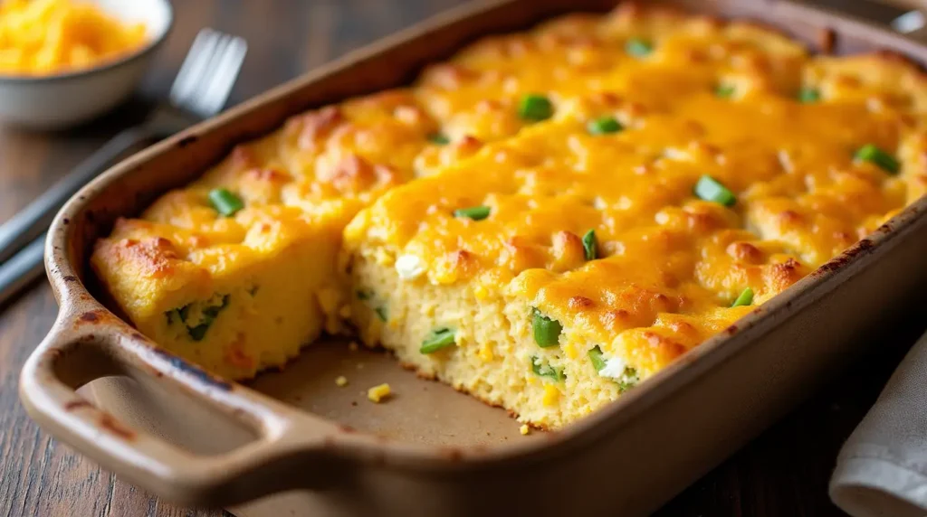 Freshly baked Cornbread Breakfast Casserole with a golden cheese topping and fluffy egg layers, served in a baking dish.
