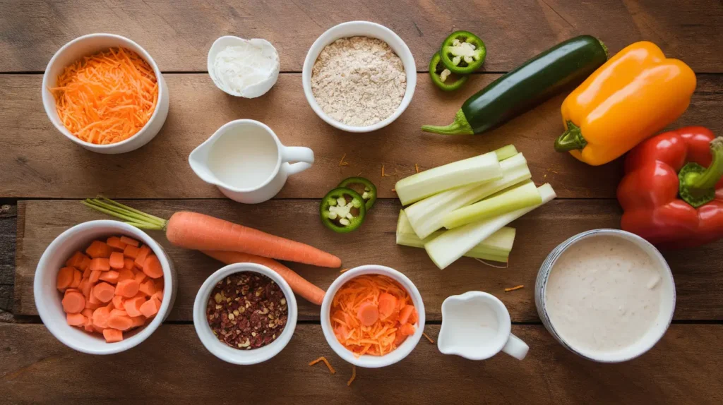 Ingredients for creative casserole variations, including vegan cheese, almond flour, chili flakes, and fresh vegetables like carrots and zucchini.