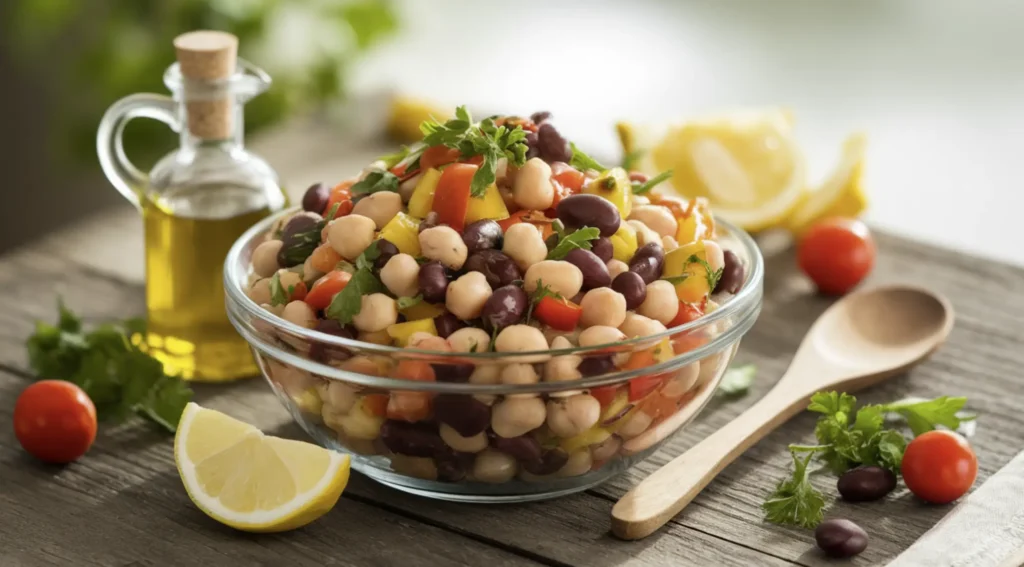 A bowl of dense bean salad with colorful beans, fresh vegetables, and herbs, surrounded by a lemon wedge and olive oil.
