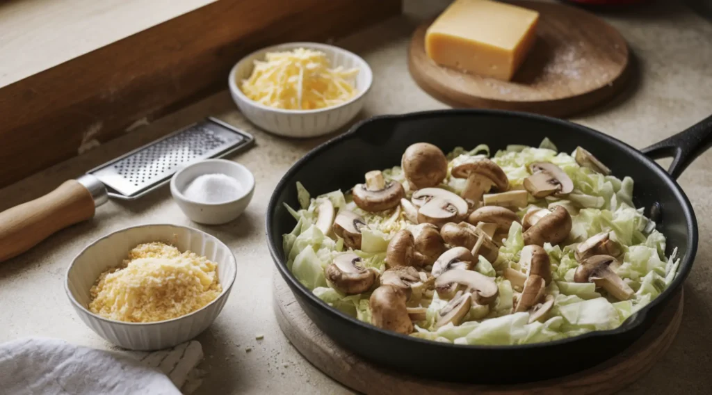 Sautéed cabbage and mushrooms in a skillet with shredded cheese, breadcrumbs, and seasoning on a kitchen countertop.