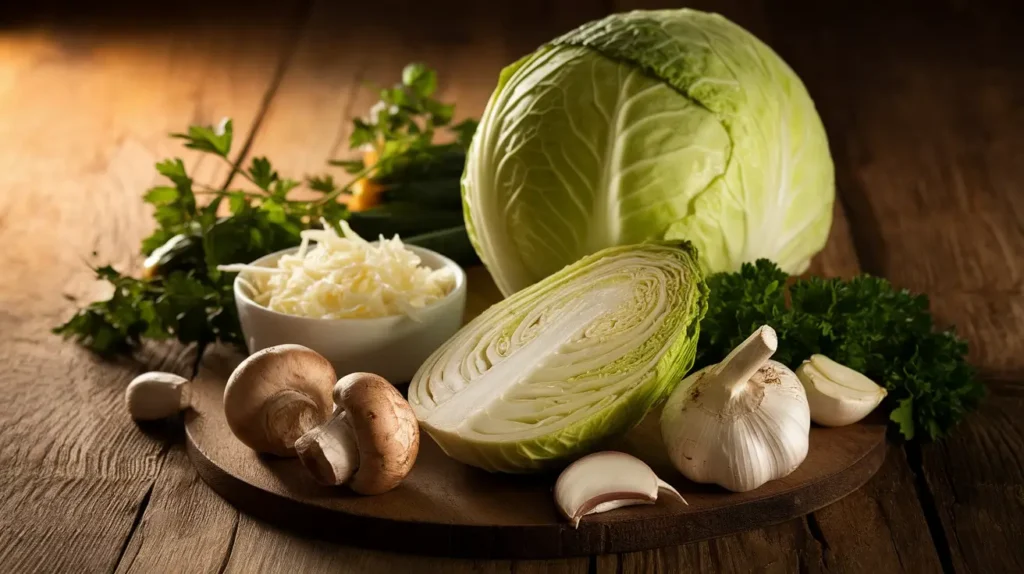Fresh cabbage, sliced mushrooms, garlic, and shredded cheese arranged on a wooden table with parsley garnish.