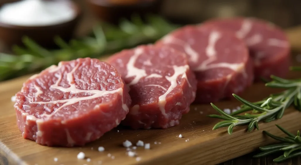 Raw marbled Wagyu beef patties on a wooden board with seasoning and rosemary.