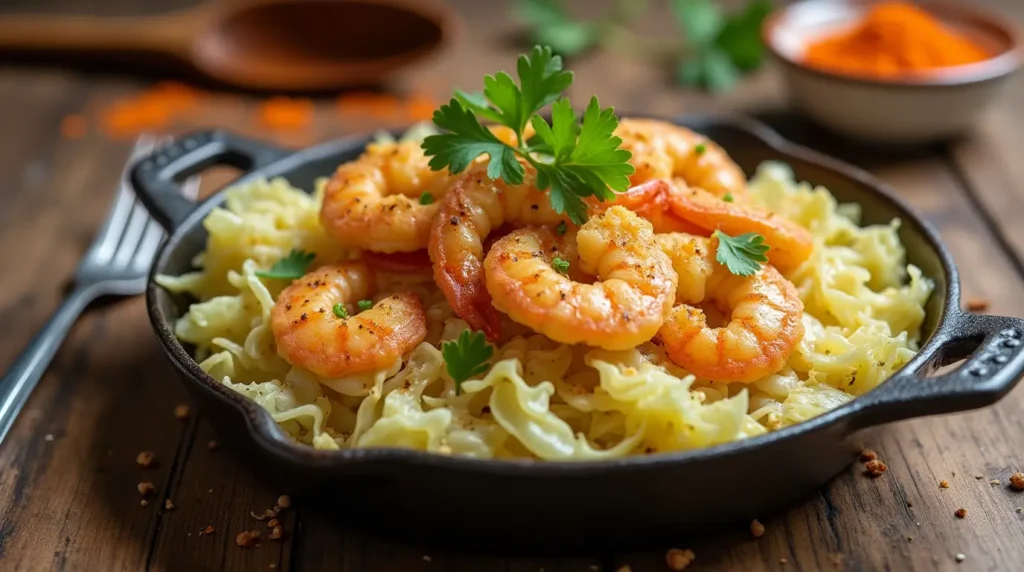 A skillet of Southern Fried Cabbage with Shrimp garnished with parsley, set on a wooden table with minimal garnish.