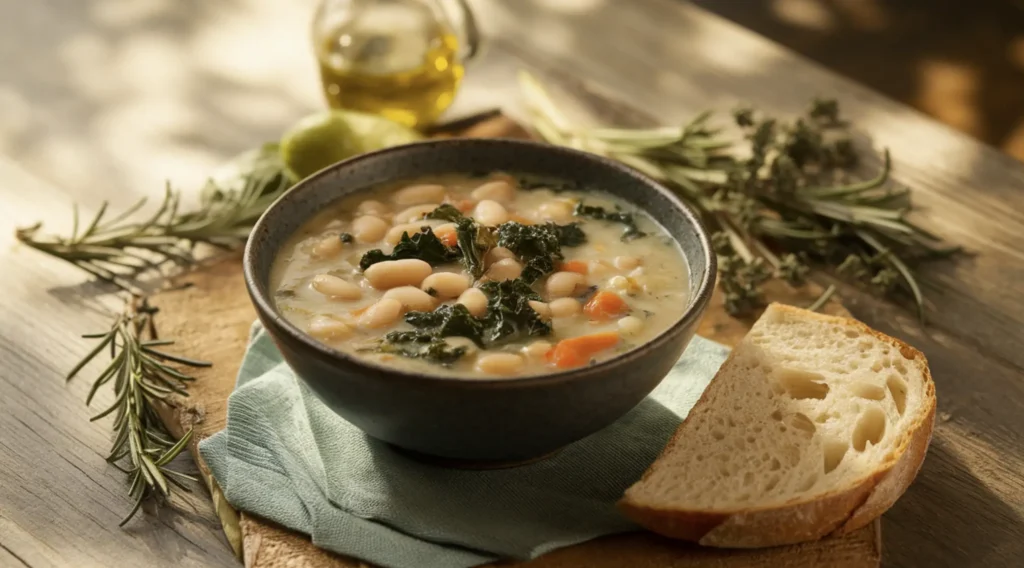 A bowl of Tuscan White Bean Soup garnished with rosemary and olive oil, served with crusty bread on a wooden table.