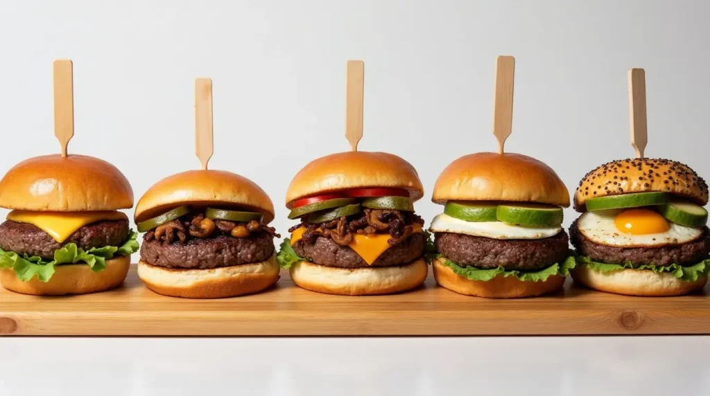 Five Wagyu burger variations on a wooden platter, featuring different toppings like cheddar, truffle aioli, jalapeños, soy glaze, and avocado with a fried egg.