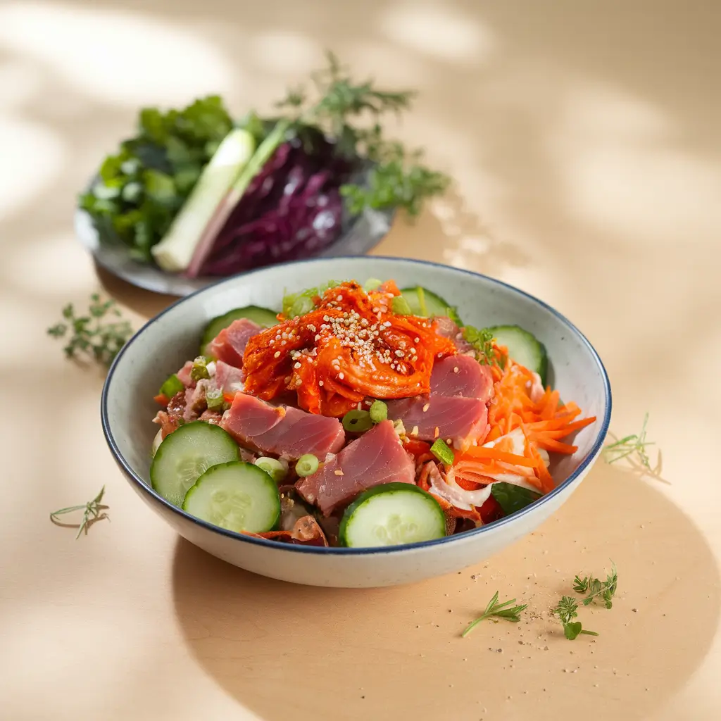 A bowl of kimchi tuna salad with tuna, vibrant kimchi, cucumbers, carrots, green onions, and sesame seeds, surrounded by fresh vegetables.