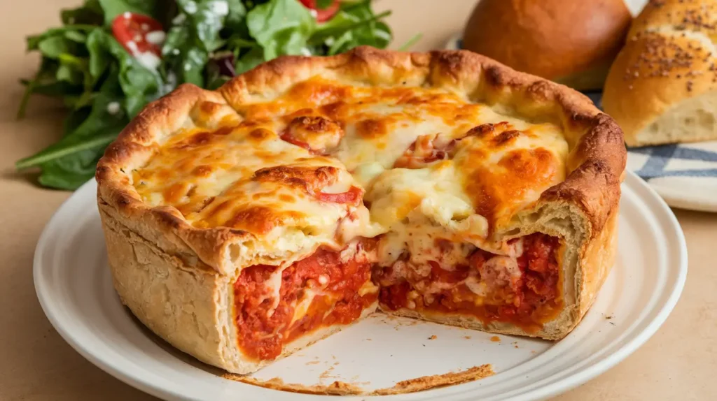 Golden-brown Pizza Pot Pie with melted cheese and marinara sauce