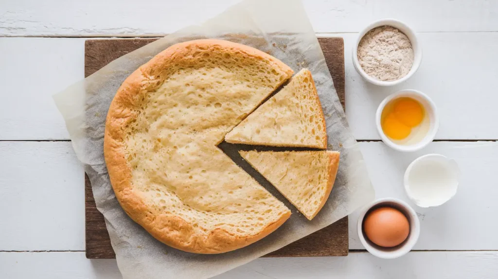 A golden-brown Cottage Cheese Flatbread on a rustic wooden board, with a few slices cut to reveal its soft texture, surrounded by small bowls of ingredients.