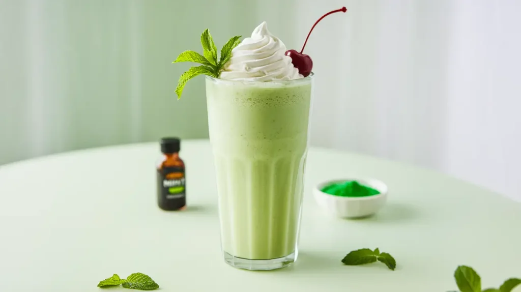 A tall glass of creamy green Shamrock Shake topped with whipped cream and a cherry, with a mint leaf for garnish.