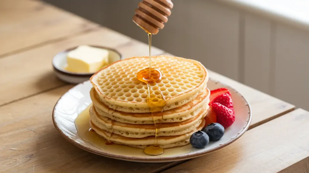 Golden crispy honeycomb pancakes drizzled with honey, served with butter and fresh berries on a wooden table.