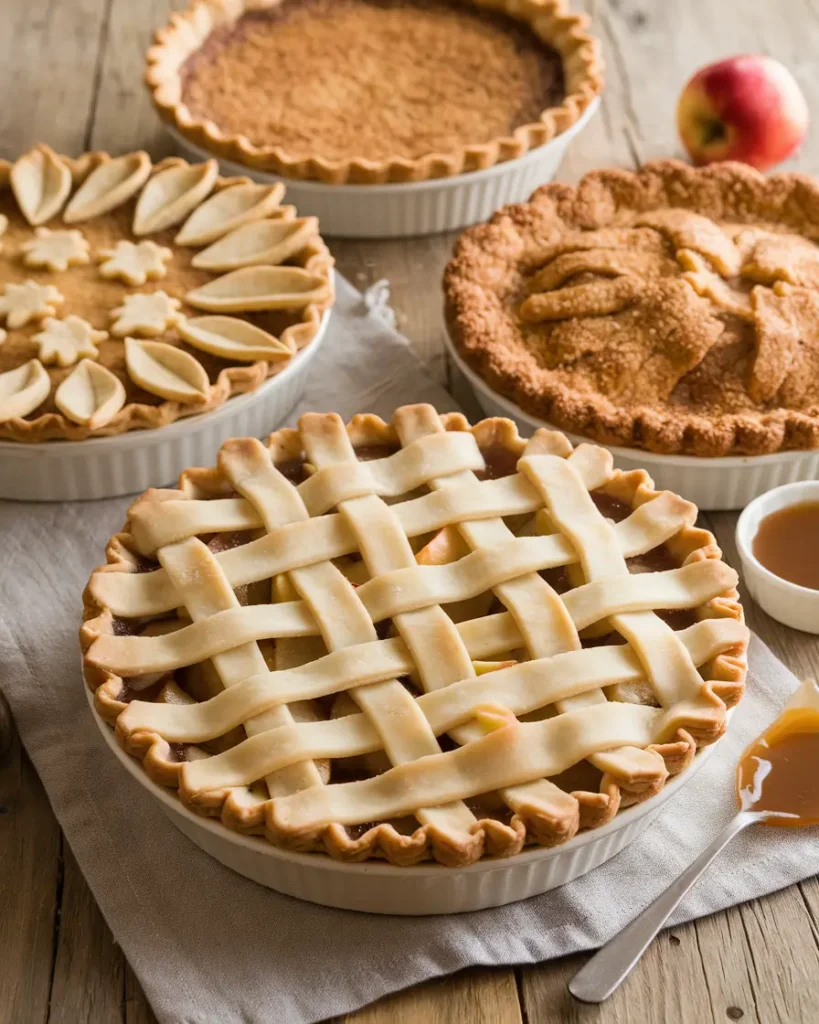 A homemade apple pie decorated with a lattice crust, leaf-shaped dough cutouts, sugared crust, and a caramel drizzle on a rustic wooden table.