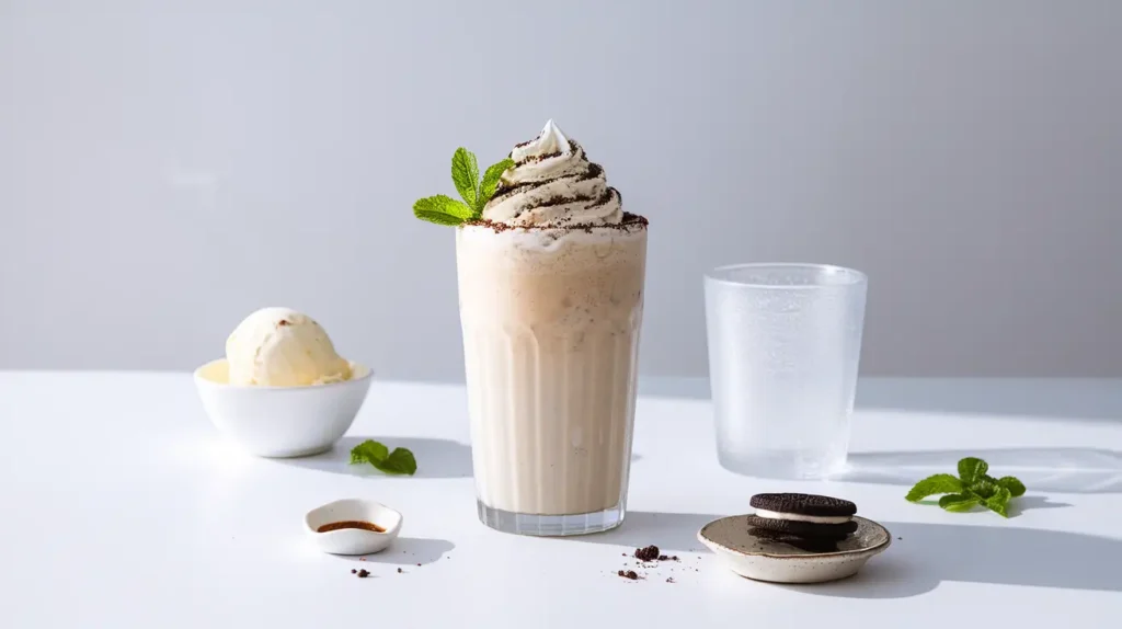 A creamy Shamrock Shake in a chilled glass, surrounded by vanilla ice cream, peppermint extract, and crushed Oreo crumbs.