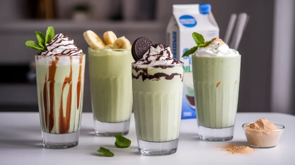 Four variations of the Shamrock Shake, including chocolate, healthy, cookies & cream, and protein-packed versions, each topped with whipped cream and mint.