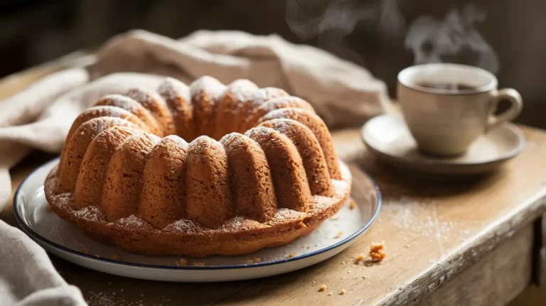 Classic Bundt Cake with powdered sugar on a white plate, placed on a wooden table