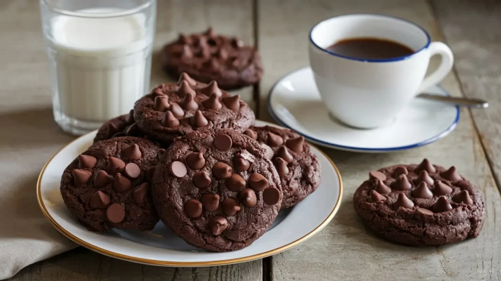 Freshly baked Fudgy Double Chocolate Cookies on a white plate, showcasing their soft, fudgy texture and chocolate chips, with a glass of milk on a rustic wooden table.