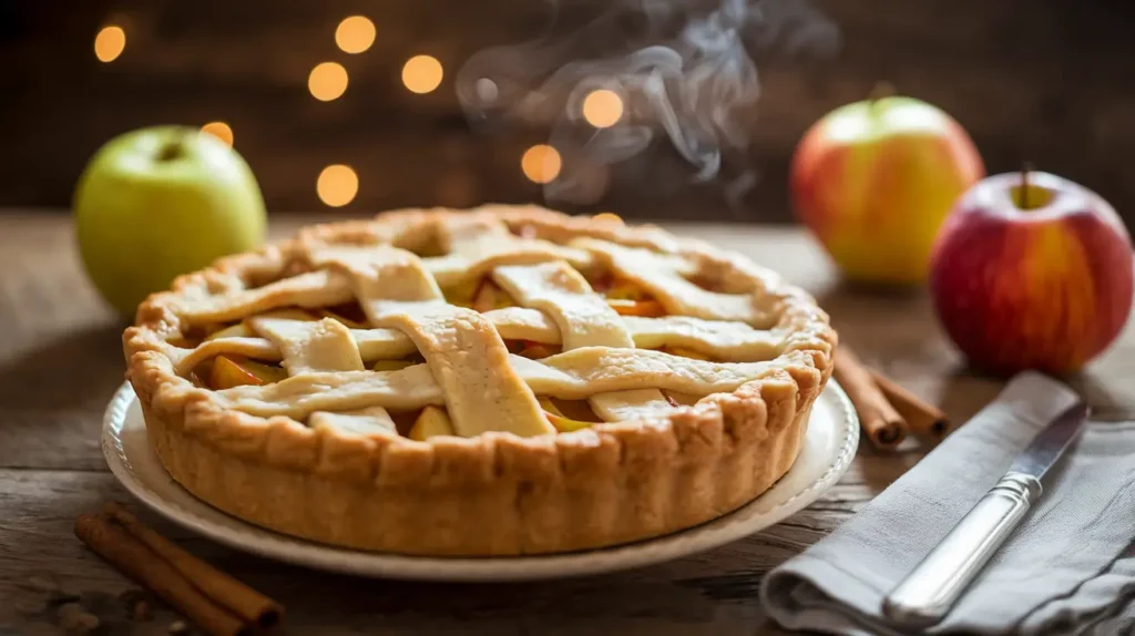 Freshly baked homemade apple pie with a golden lattice crust on a rustic wooden table, surrounded by apples and cinnamon sticks.