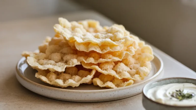 Crispy golden cottage cheese chips on a white plate with a bowl of yogurt dip.