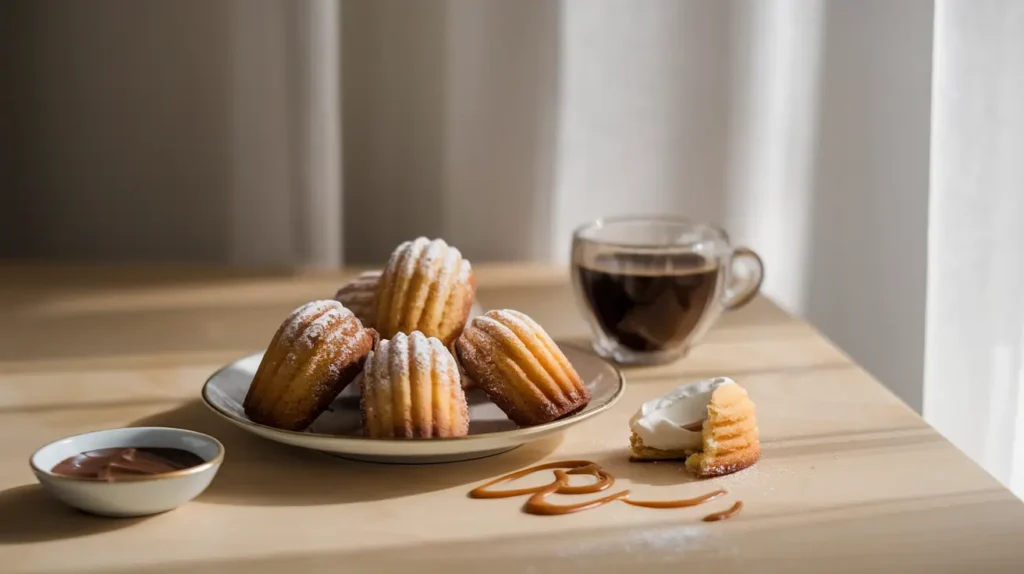 Madeleine Cookies Recipe with Cream Golden brown Madeleine cookies with cream, dusted with powdered sugar, served on a white plate with a side of chocolate and caramel drizzle.