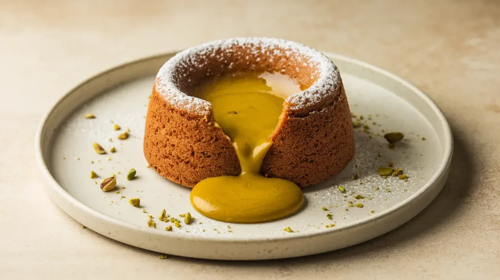 A Molten Pistachio Lava Cake with a gooey green pistachio filling, topped with powdered sugar and crushed pistachios, served on a white plate.