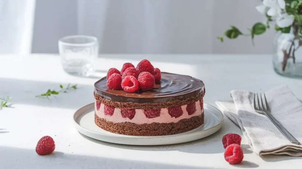 Raspberry Chocolate Ganache Cake with fresh raspberries on a white plate, topped with glossy chocolate ganache.